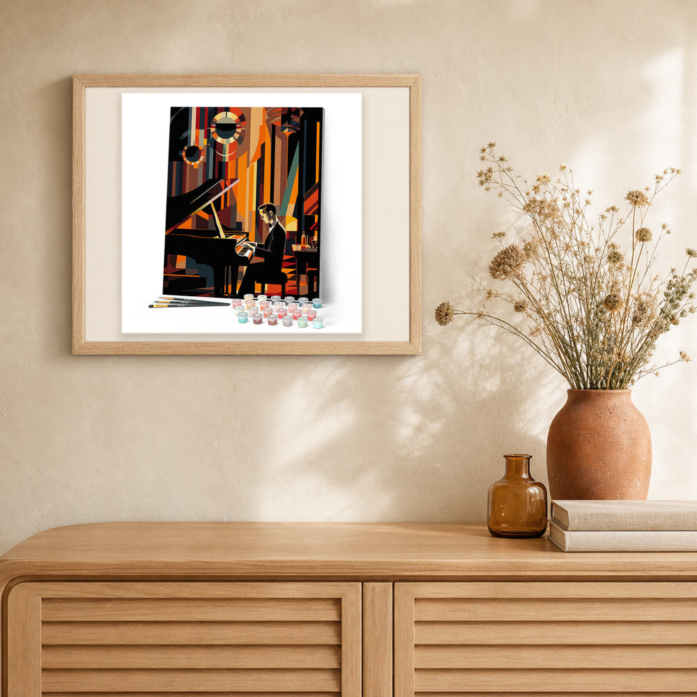 Art Deco Man playing Piano artwork displayed in a warm interior
