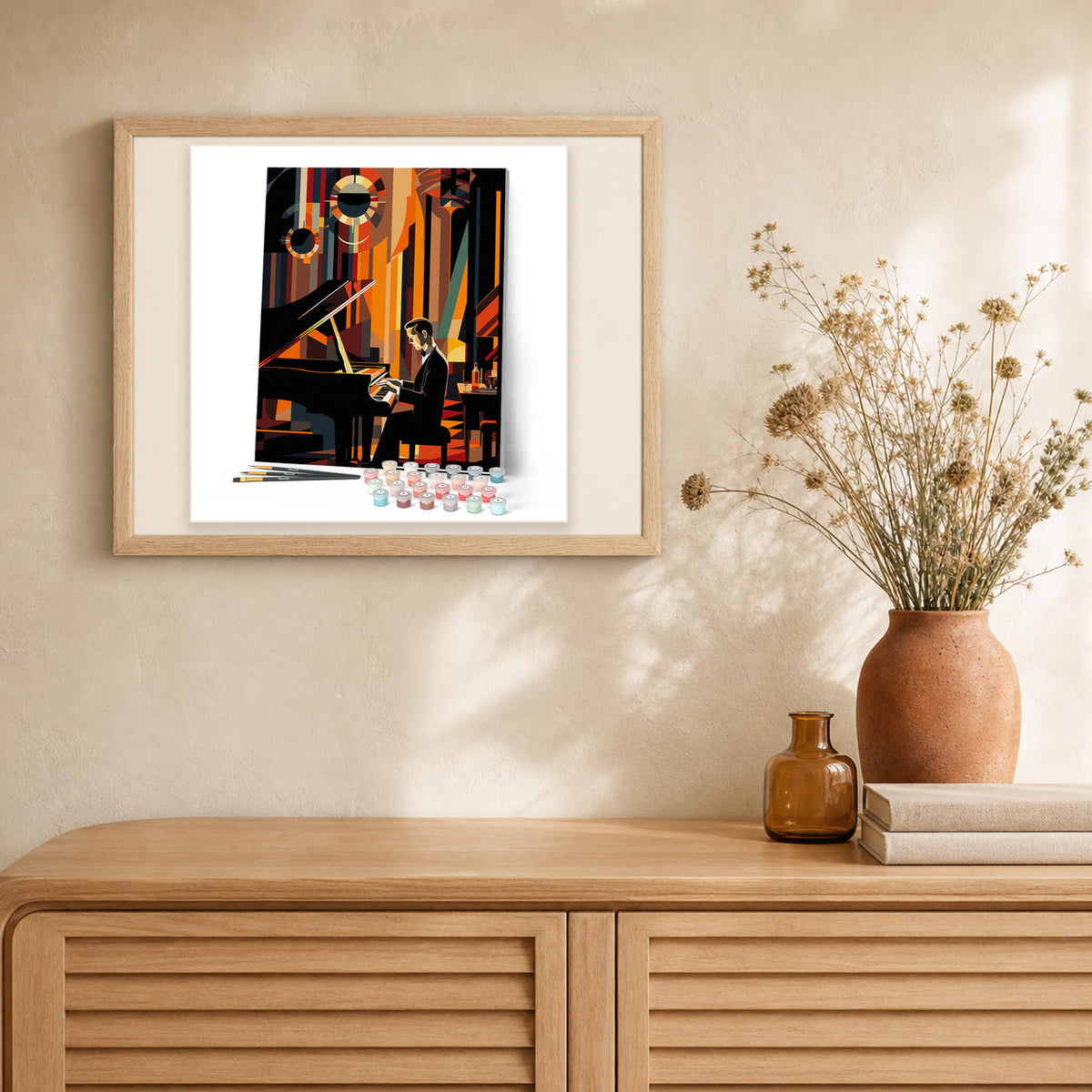 Art Deco Man playing Piano artwork displayed in a warm interior