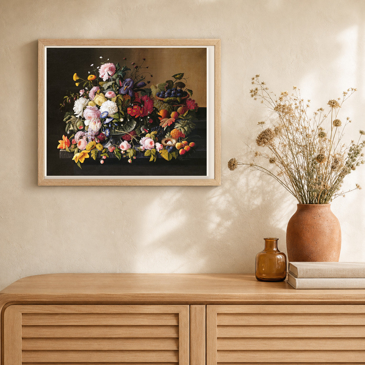 Flowers and Fruits — Severin Roesen artwork displayed in a warm interior