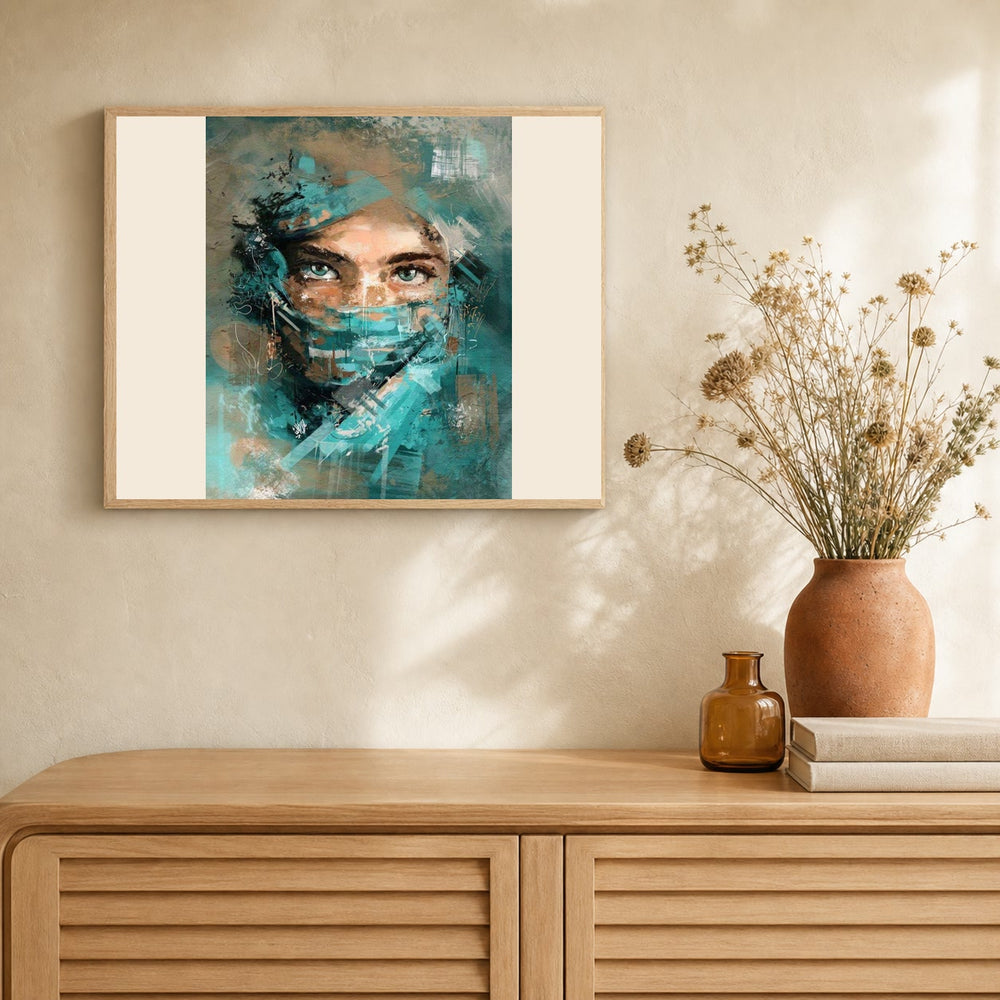 Beautiful Eyes artwork displayed in a warm interior