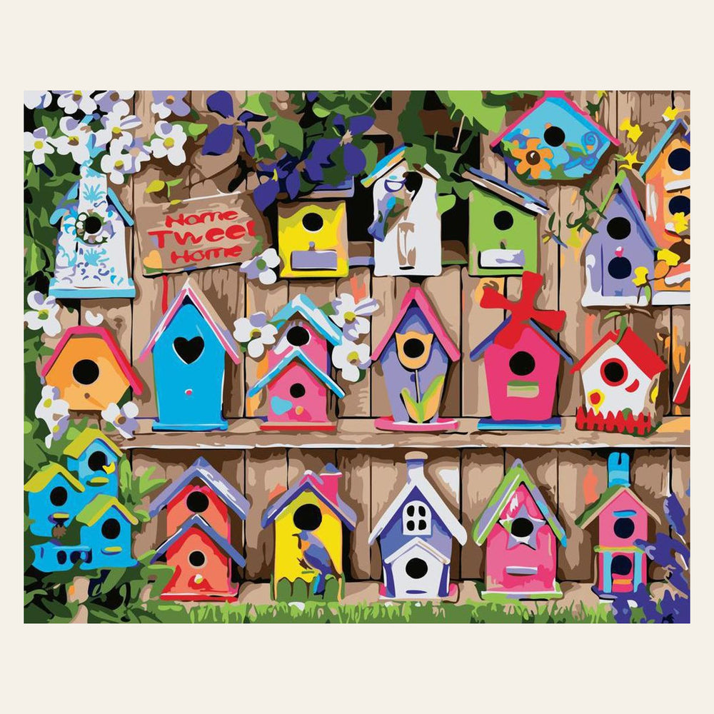 Multiple Bird Houses finished paint by numbers artwork