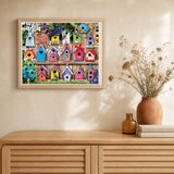 Multiple Bird Houses artwork displayed in a warm interior