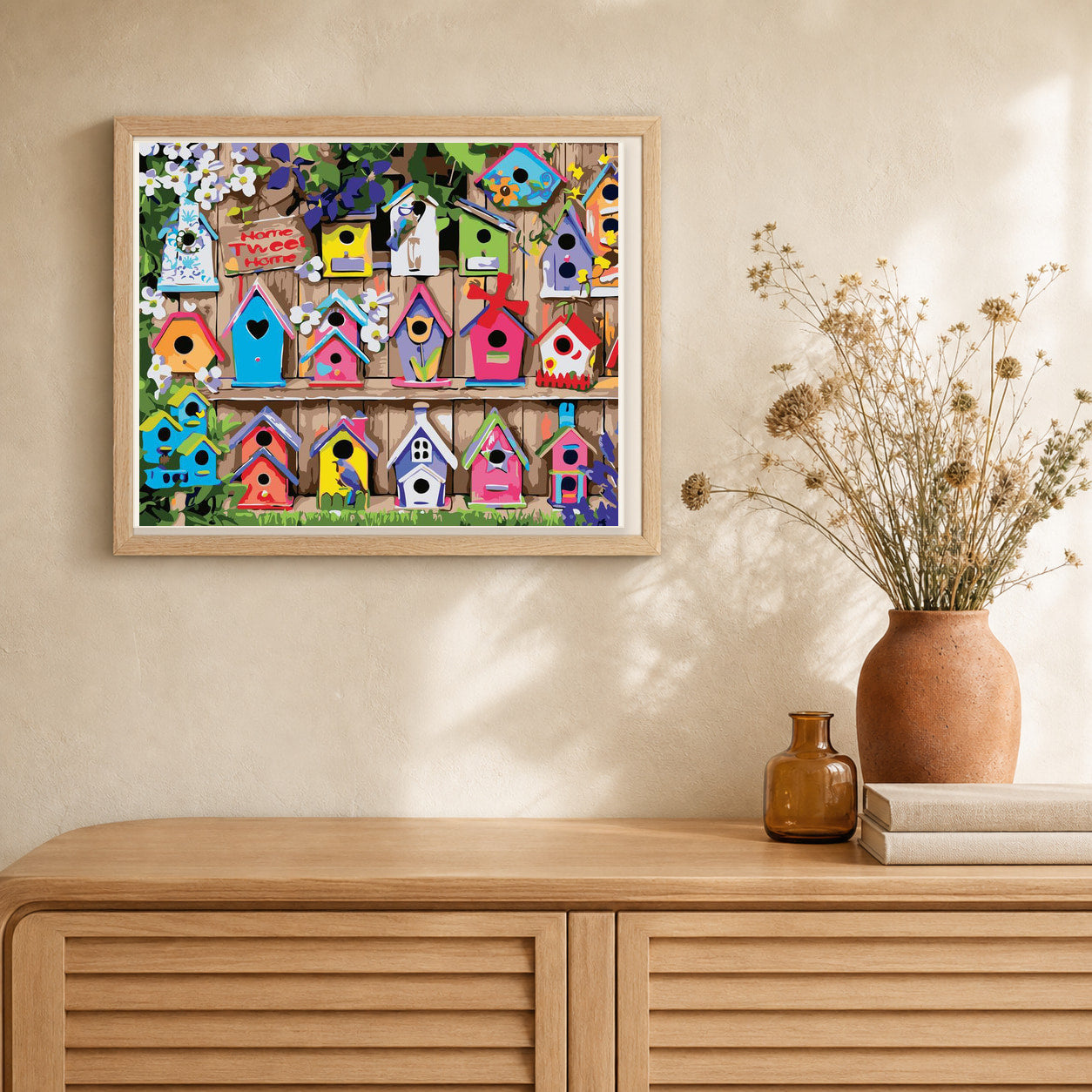 Multiple Bird Houses artwork displayed in a warm interior