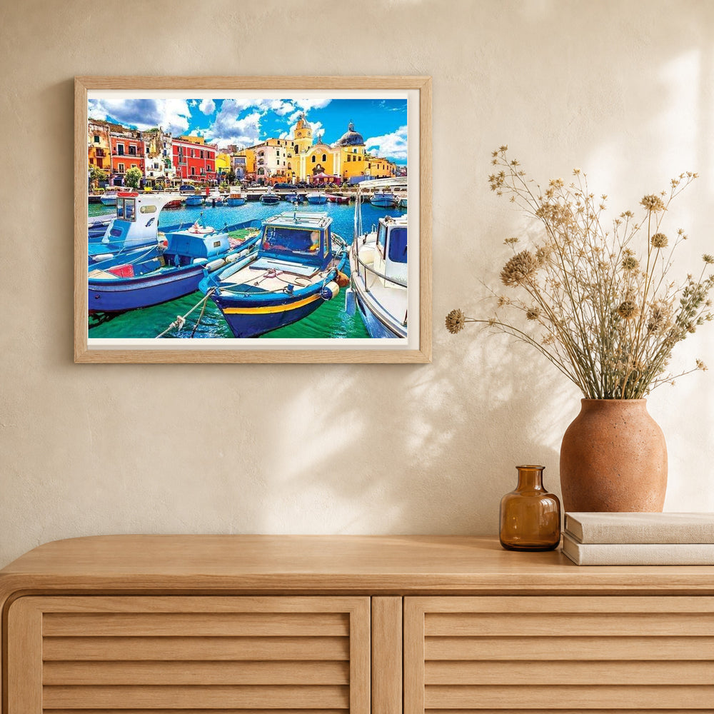 Small Fishing Boats artwork displayed in a warm interior