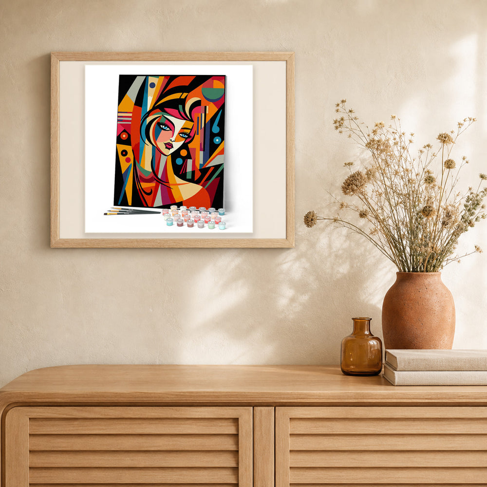 Cubist Abstract Woman artwork displayed in a warm interior