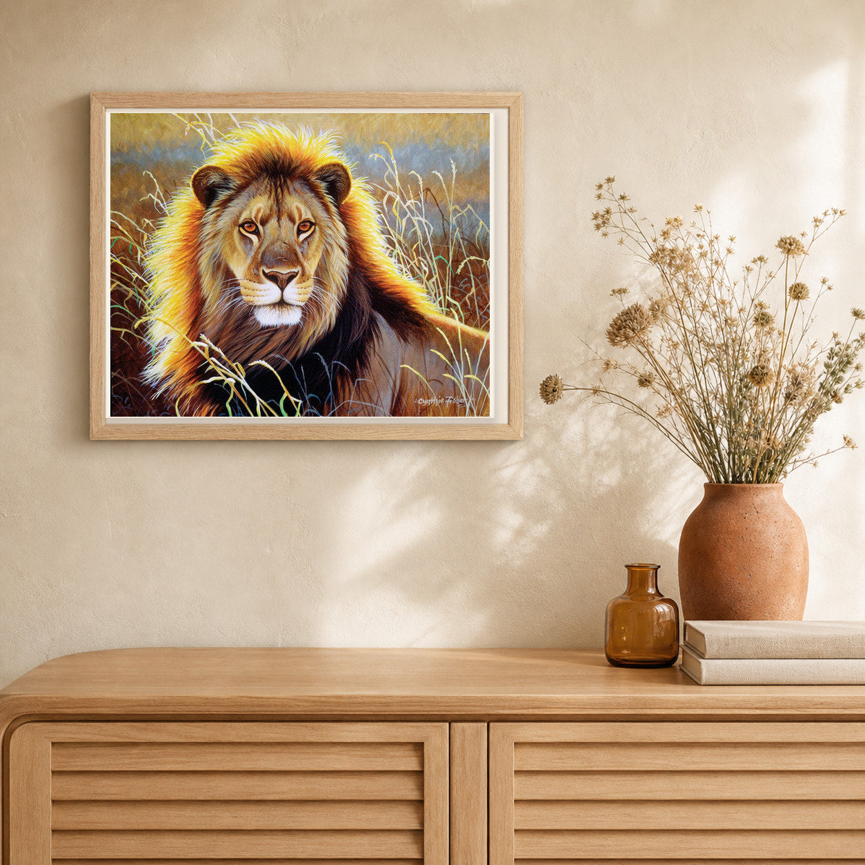 Lion in the Savannah artwork displayed in a warm interior