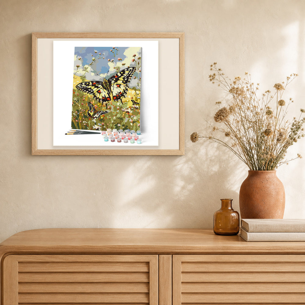 Proserpina Butterfly and Wildflowers artwork displayed in a warm interior