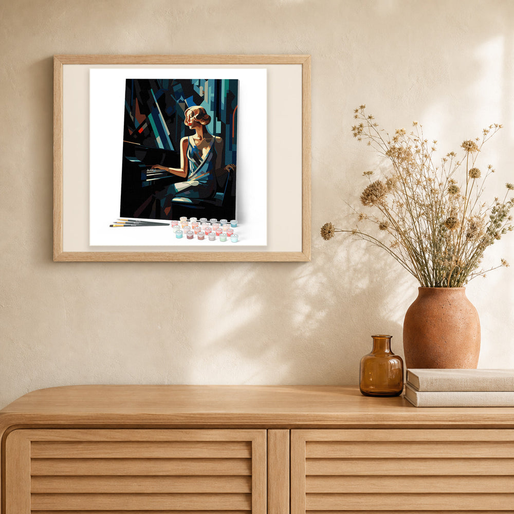 Art Deco Woman at a Piano artwork displayed in a warm interior
