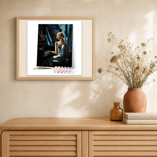 Art Deco Woman at a Piano artwork displayed in a warm interior