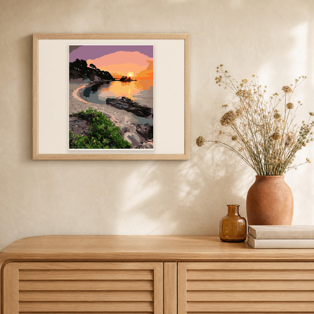 Quiet Beach at Dusk artwork displayed in a warm interior