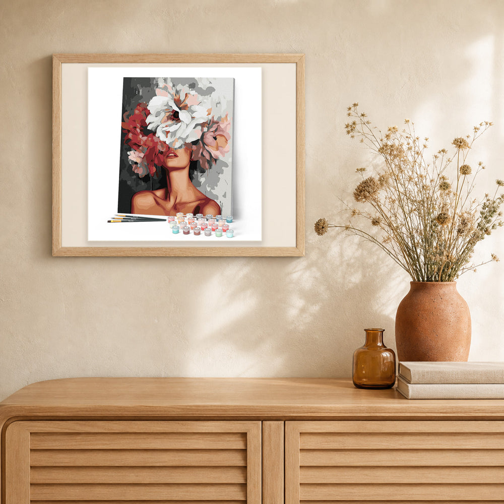 Beauty Behind Flowers artwork displayed in a warm interior