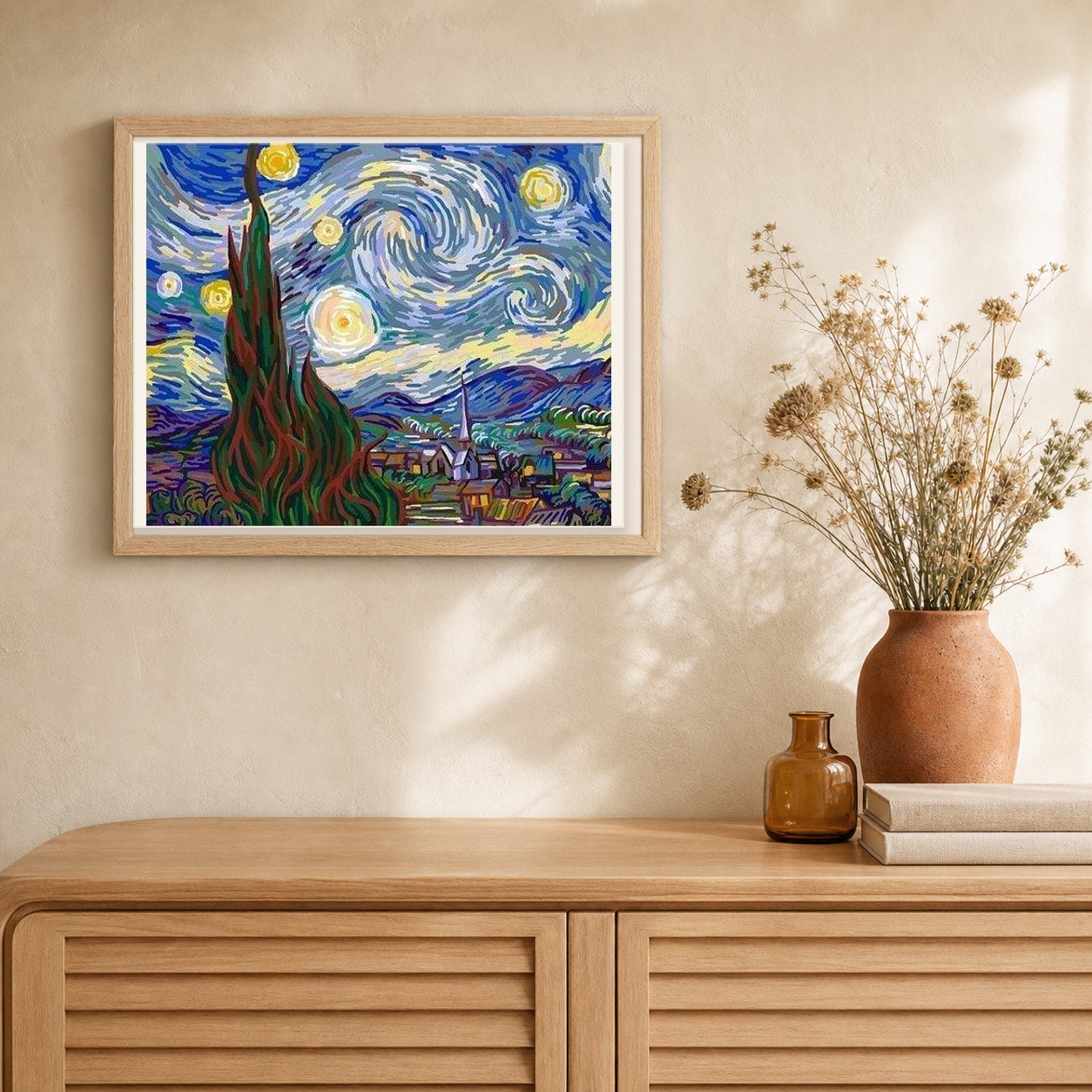 Van Gogh Starry Night artwork displayed in a warm interior