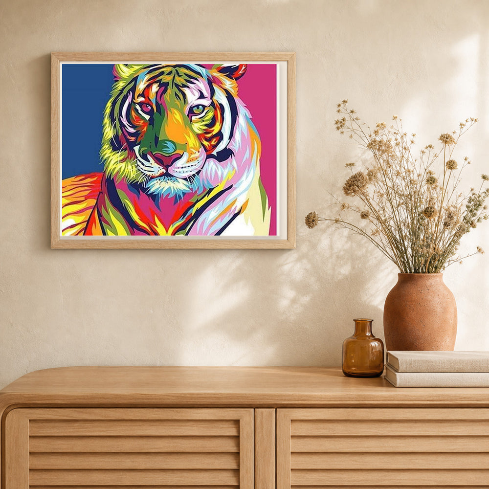 Tiger Pop Art 2 artwork displayed in a warm interior