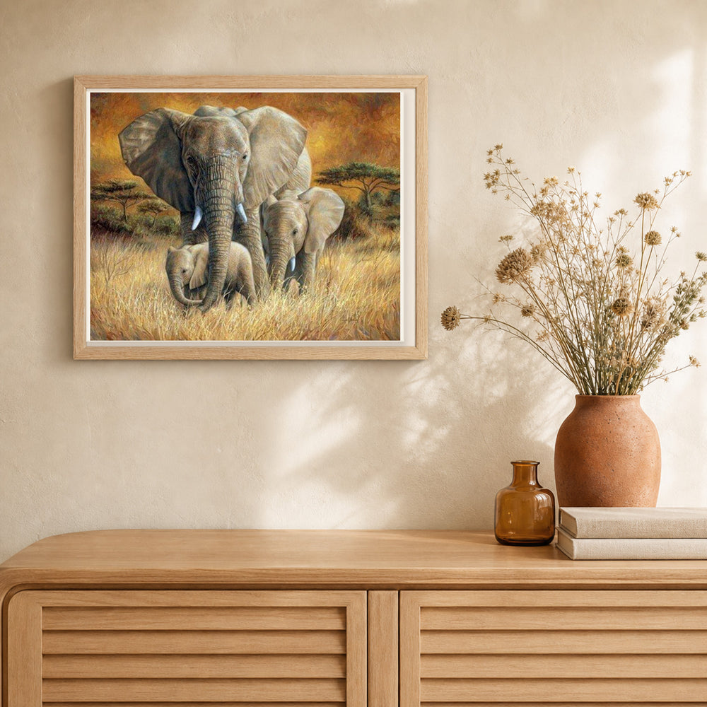 Family of Elephants artwork displayed in a warm interior