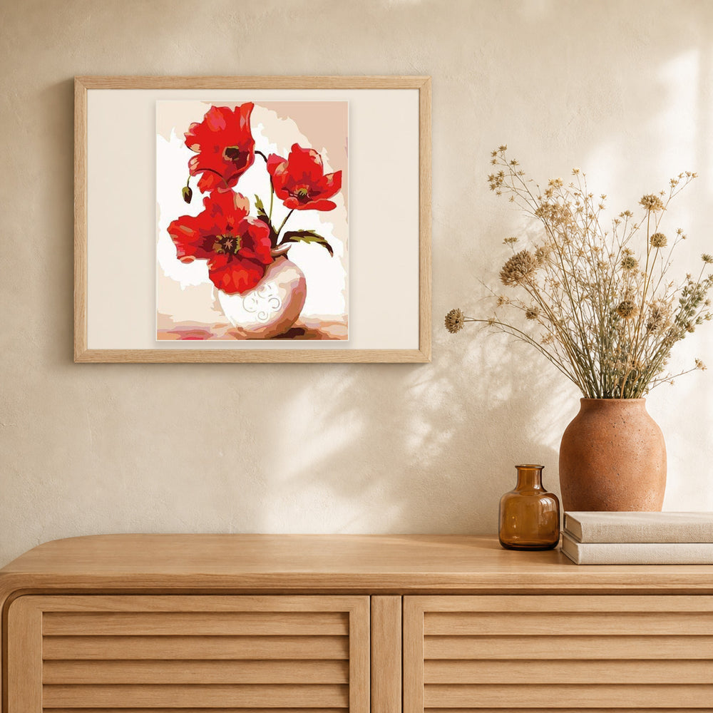 Pretty Poppies artwork displayed in a warm interior