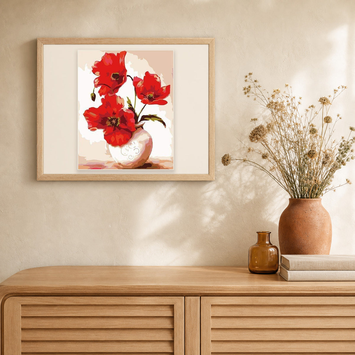 Pretty Poppies artwork displayed in a warm interior