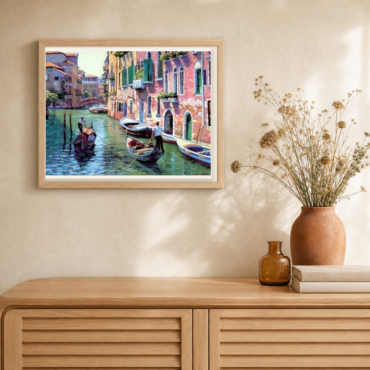 Canals of Venice artwork displayed in a warm interior