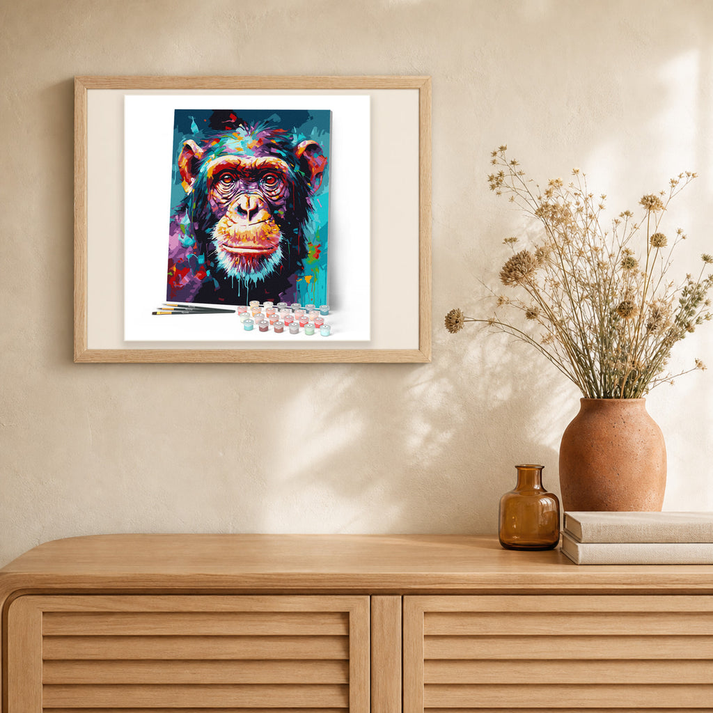 Colorful Abstract Chimpanzee artwork displayed in a warm interior
