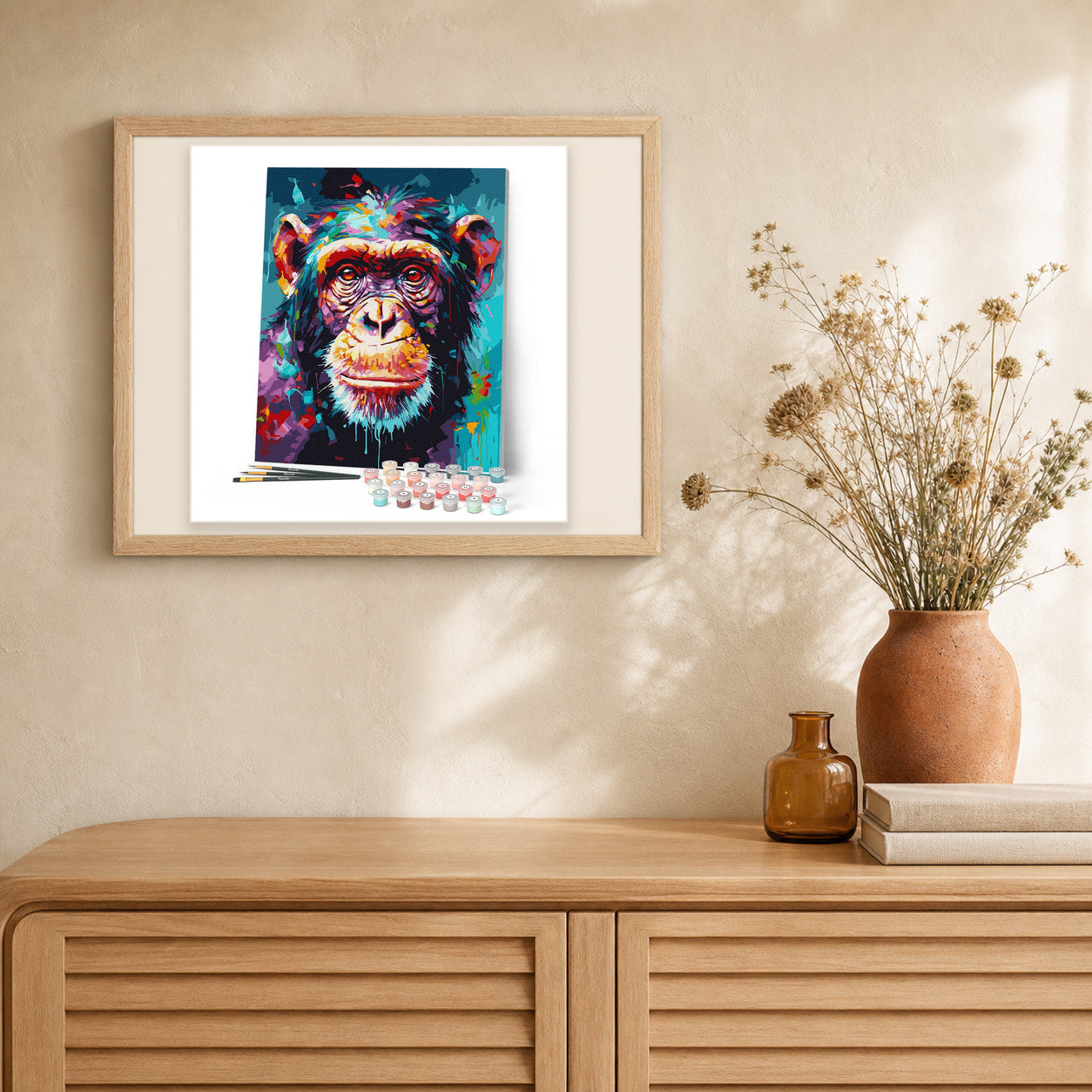 Colorful Abstract Chimpanzee artwork displayed in a warm interior