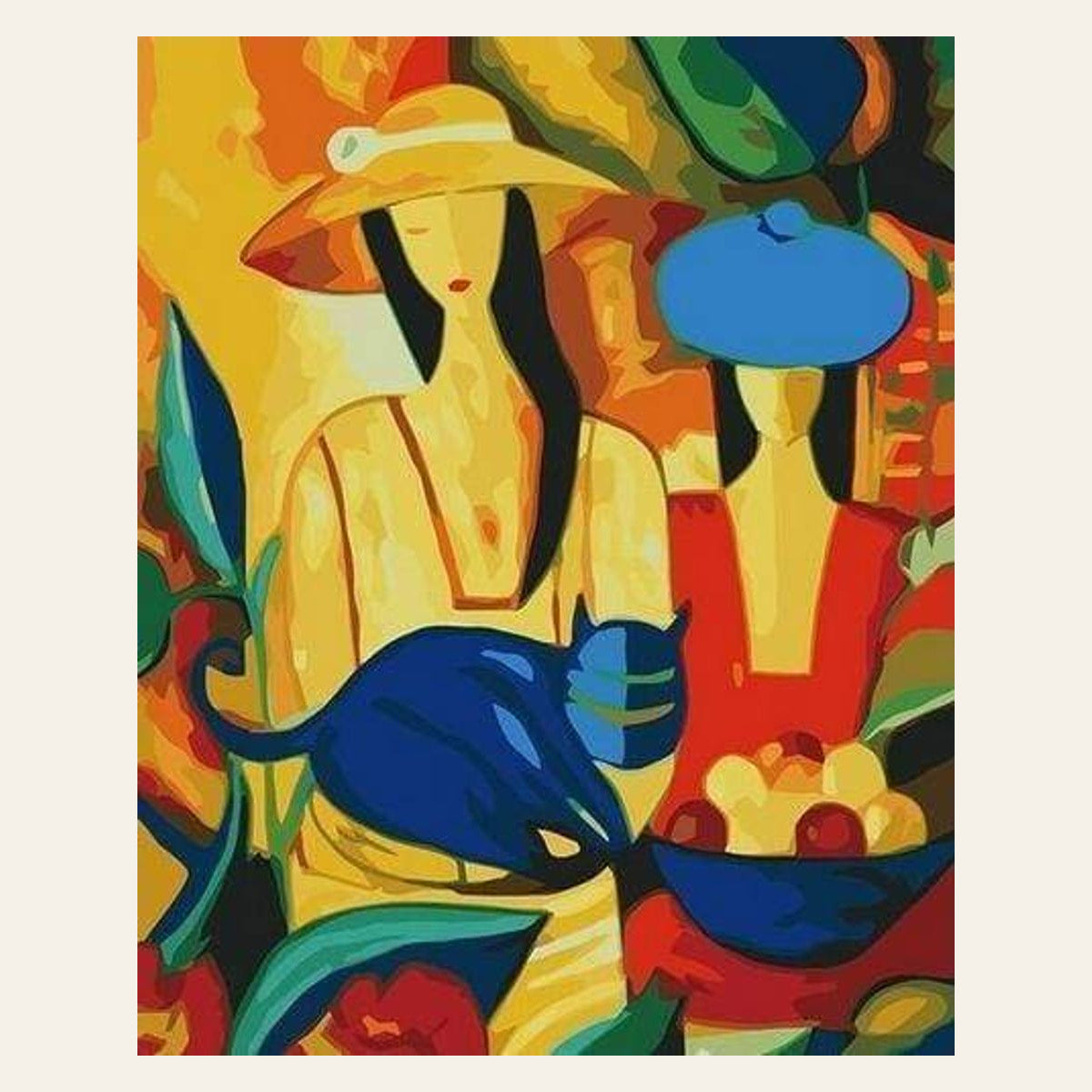 Women and Blue Cat finished paint by numbers artwork