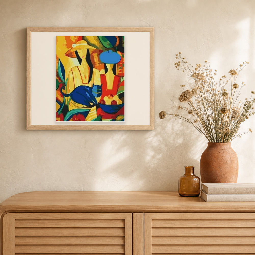 Women and Blue Cat artwork displayed in a warm interior