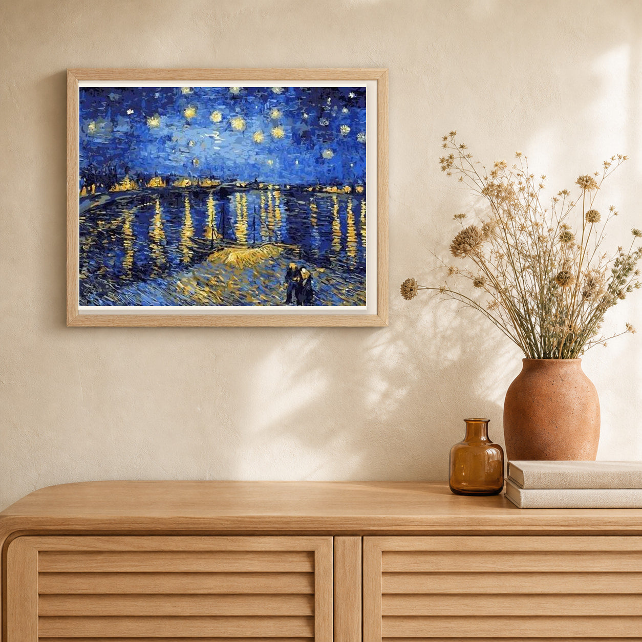 Van Gogh Starry Night over the Rhone artwork displayed in a warm interior