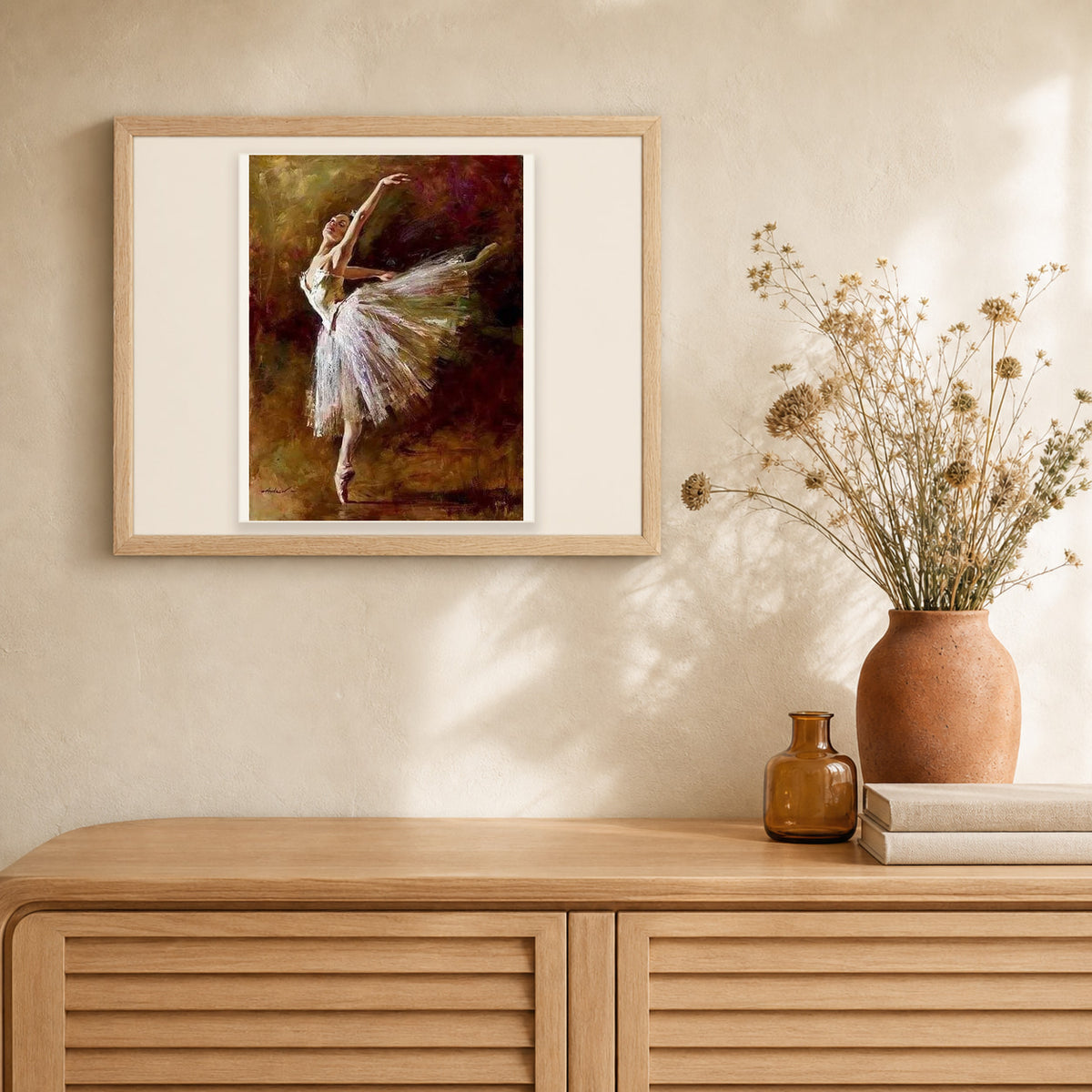 A Ballerina wearing Ballerina Shoes artwork displayed in a warm interior