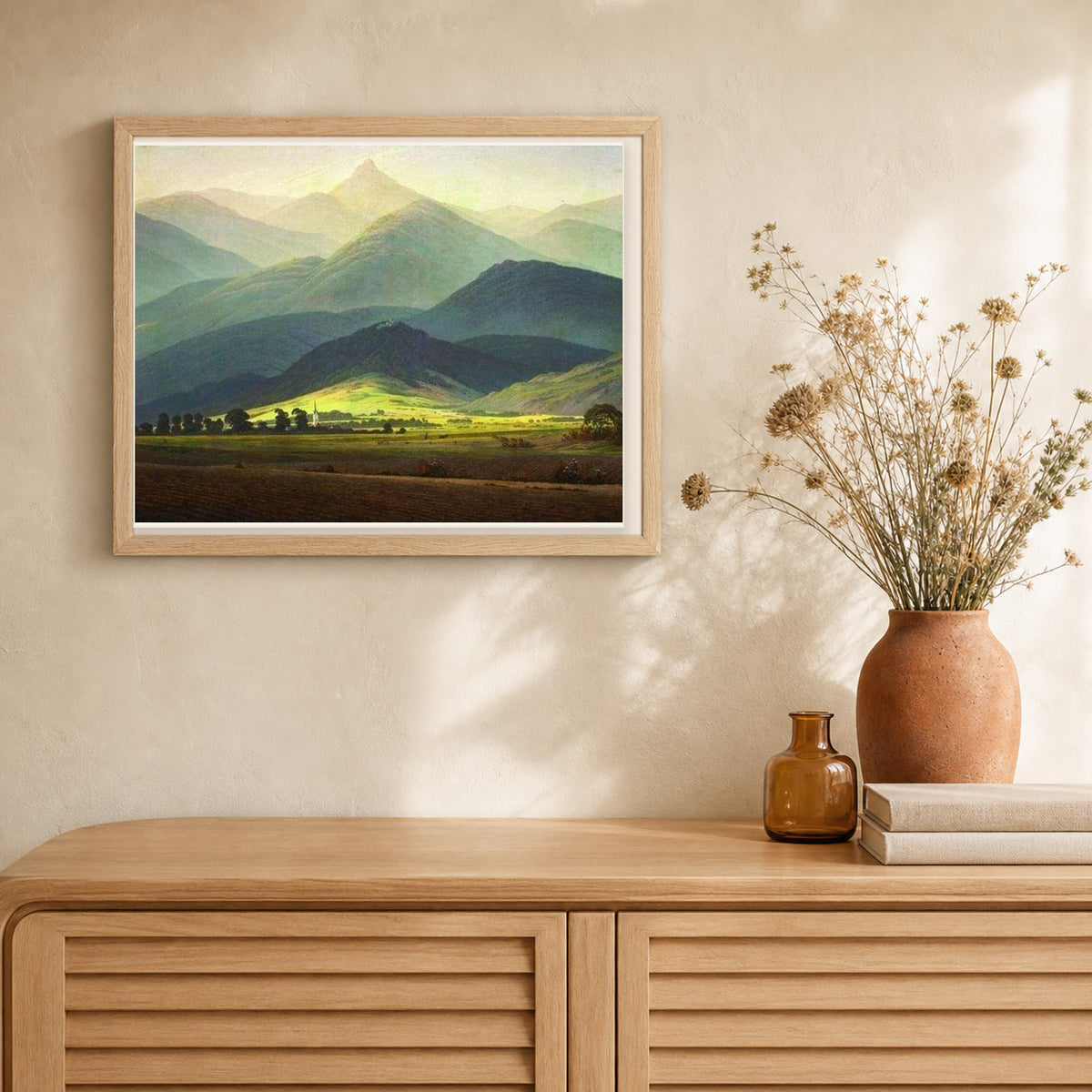 Giant Mountains artwork displayed in a warm interior