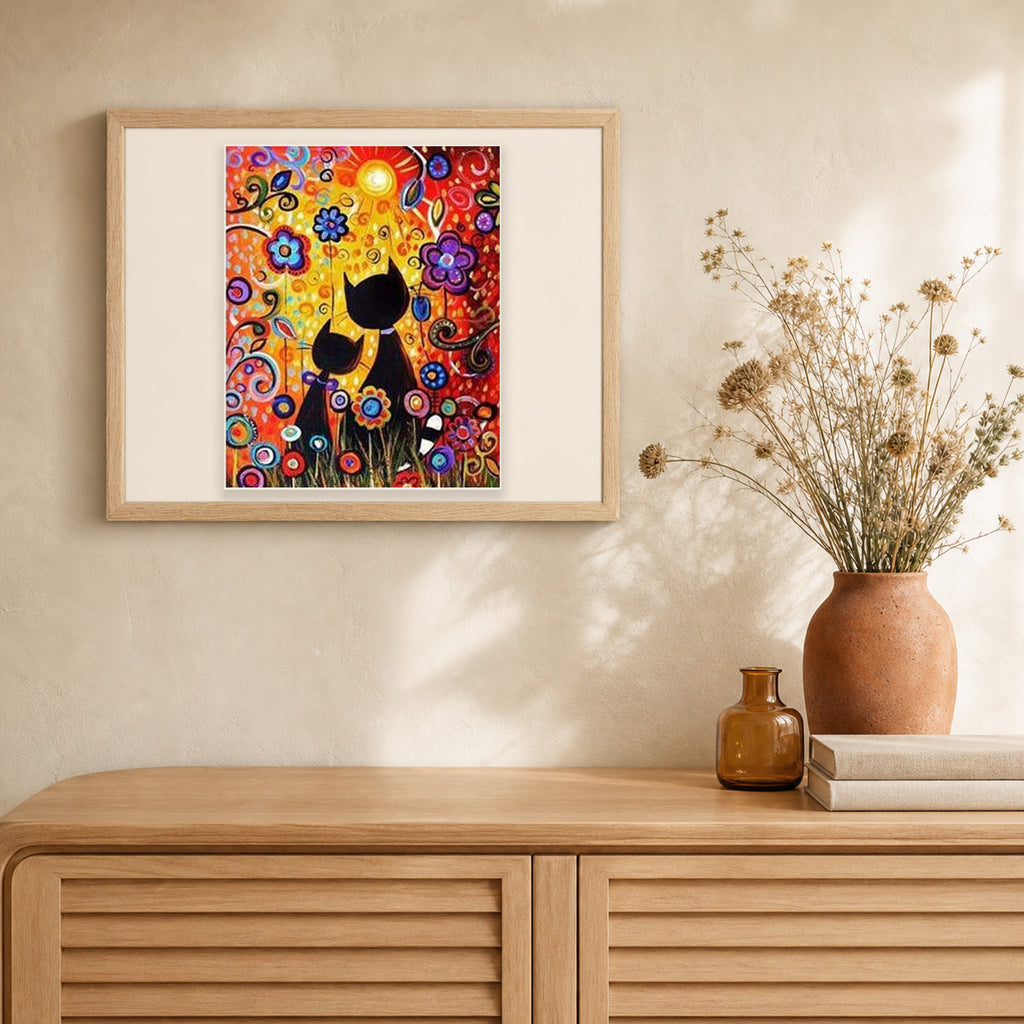 Cartoon cats artwork displayed in a warm interior
