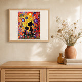 Cartoon cats artwork displayed in a warm interior