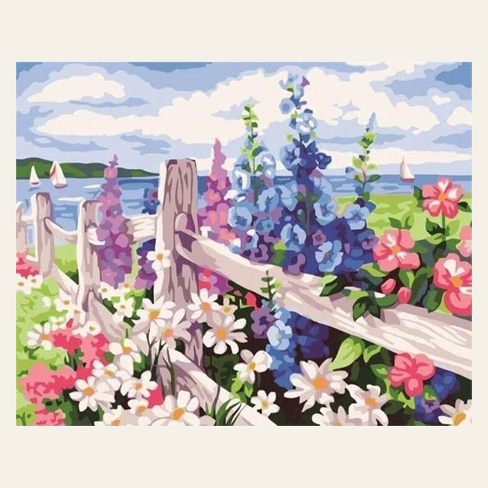 Flowers and seaside background finished paint by numbers artwork