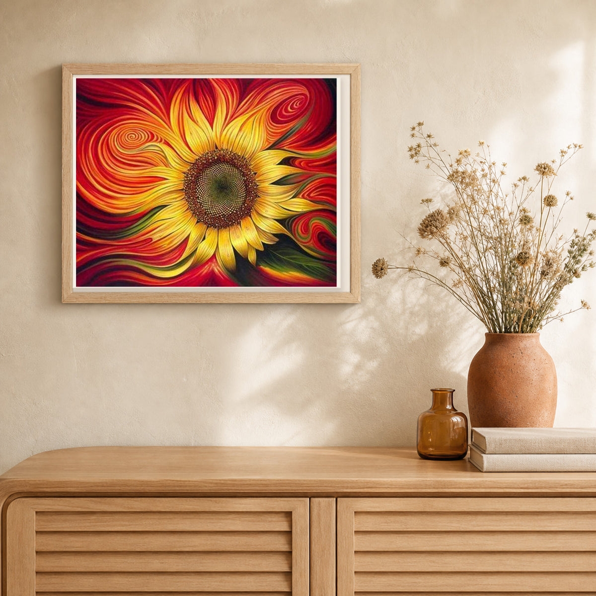 Red Sunflower artwork displayed in a warm interior
