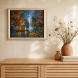 Camping under a Starry Night artwork displayed in a warm interior