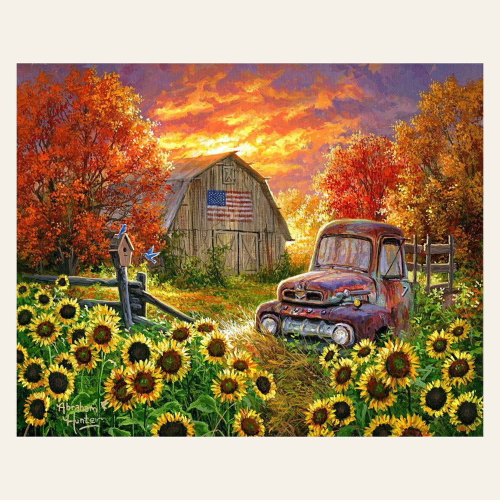 Sunflowers in front of the barn finished paint by numbers artwork