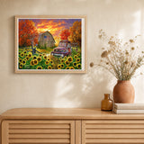 Sunflowers in front of the barn artwork displayed in a warm interior