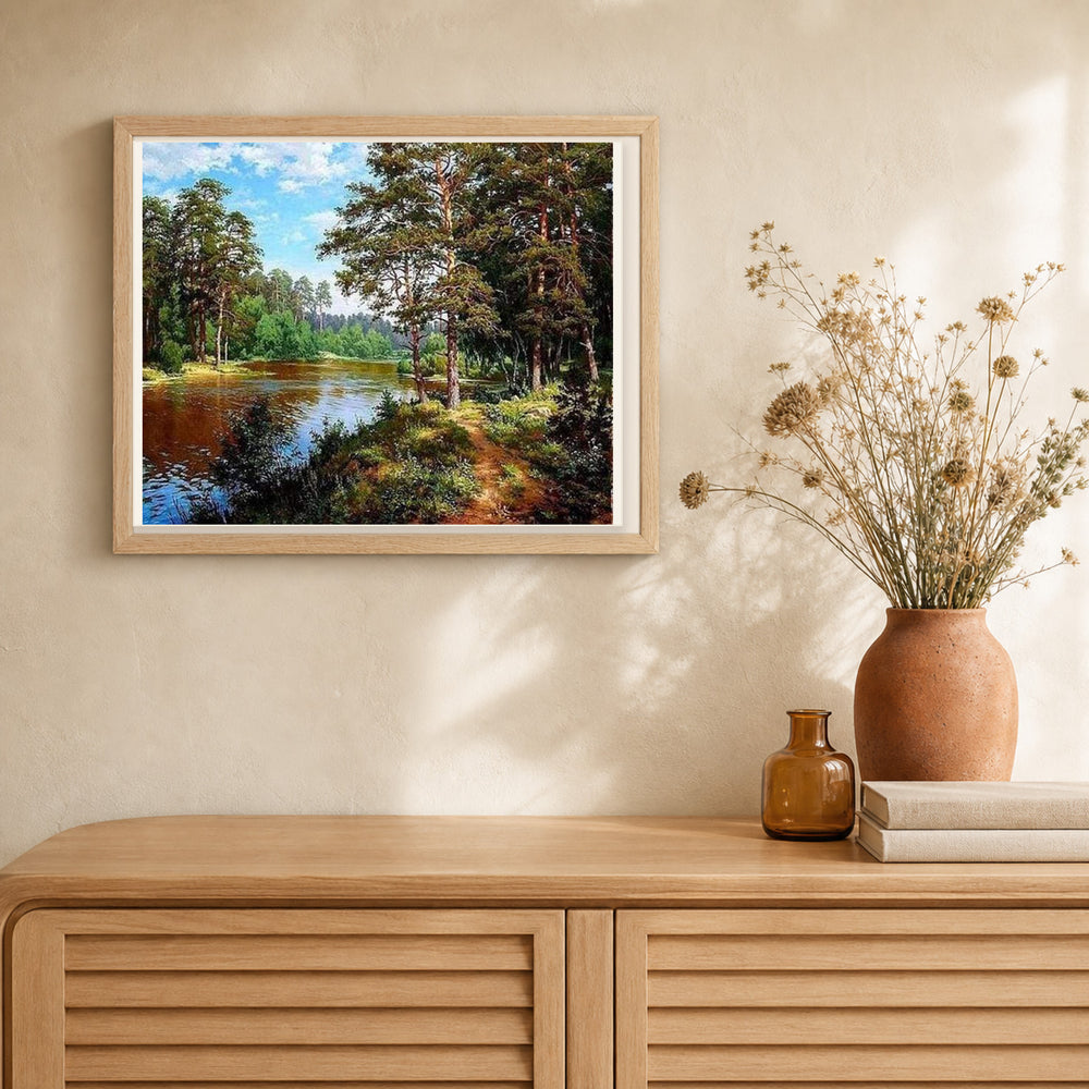 Forest landscape Summer time artwork displayed in a warm interior