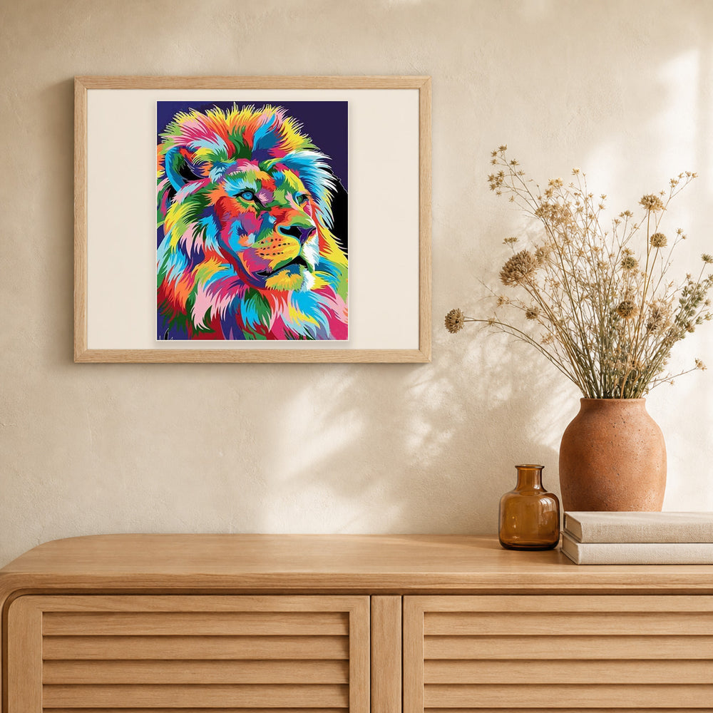 Lion Pop Art 2 artwork displayed in a warm interior