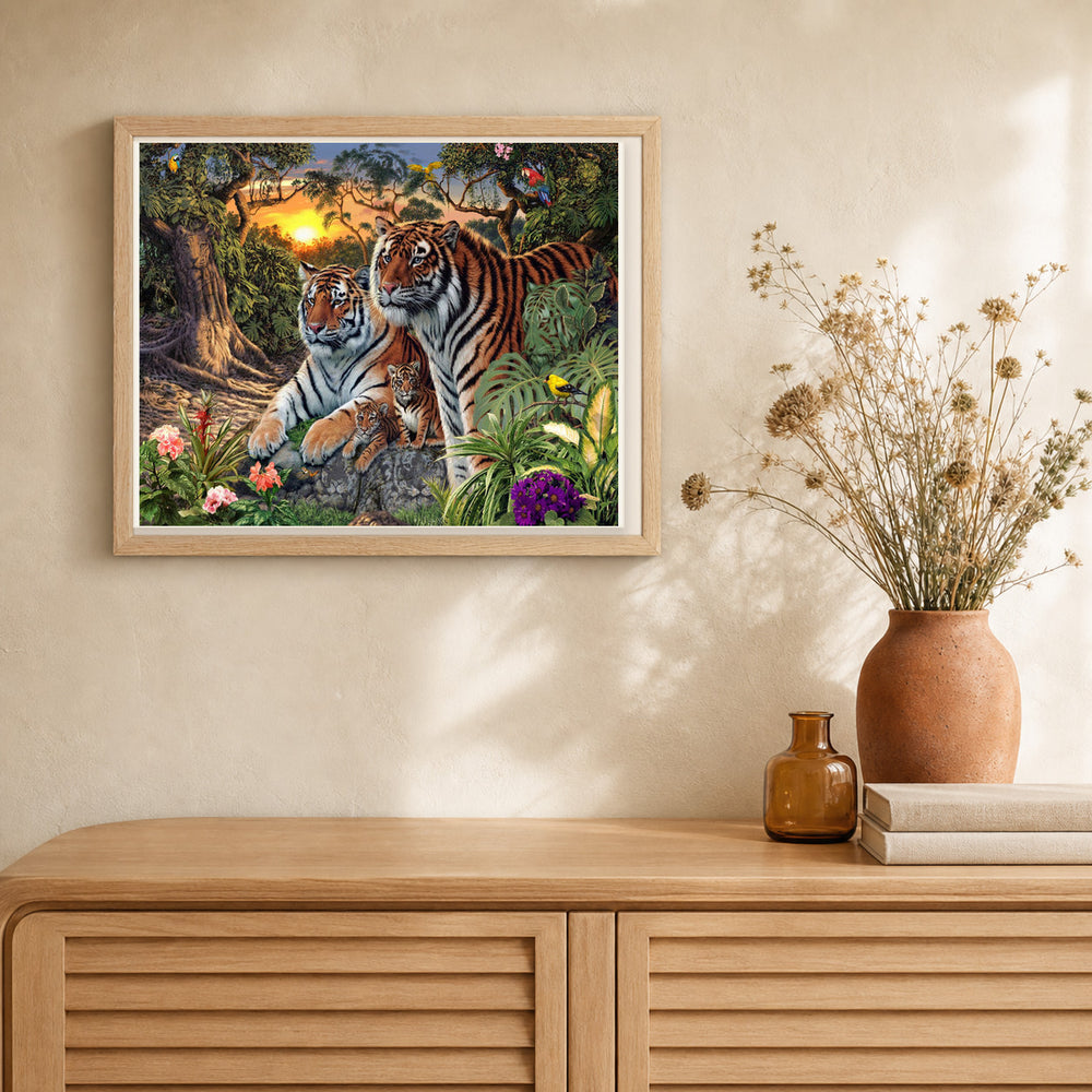 Tiger family artwork displayed in a warm interior