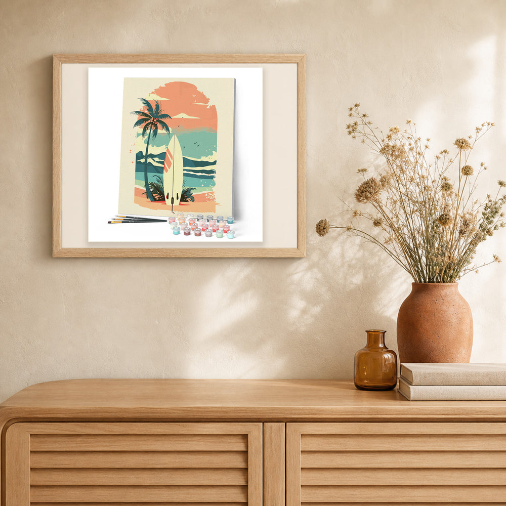 Surfboard on the Beach artwork displayed in a warm interior