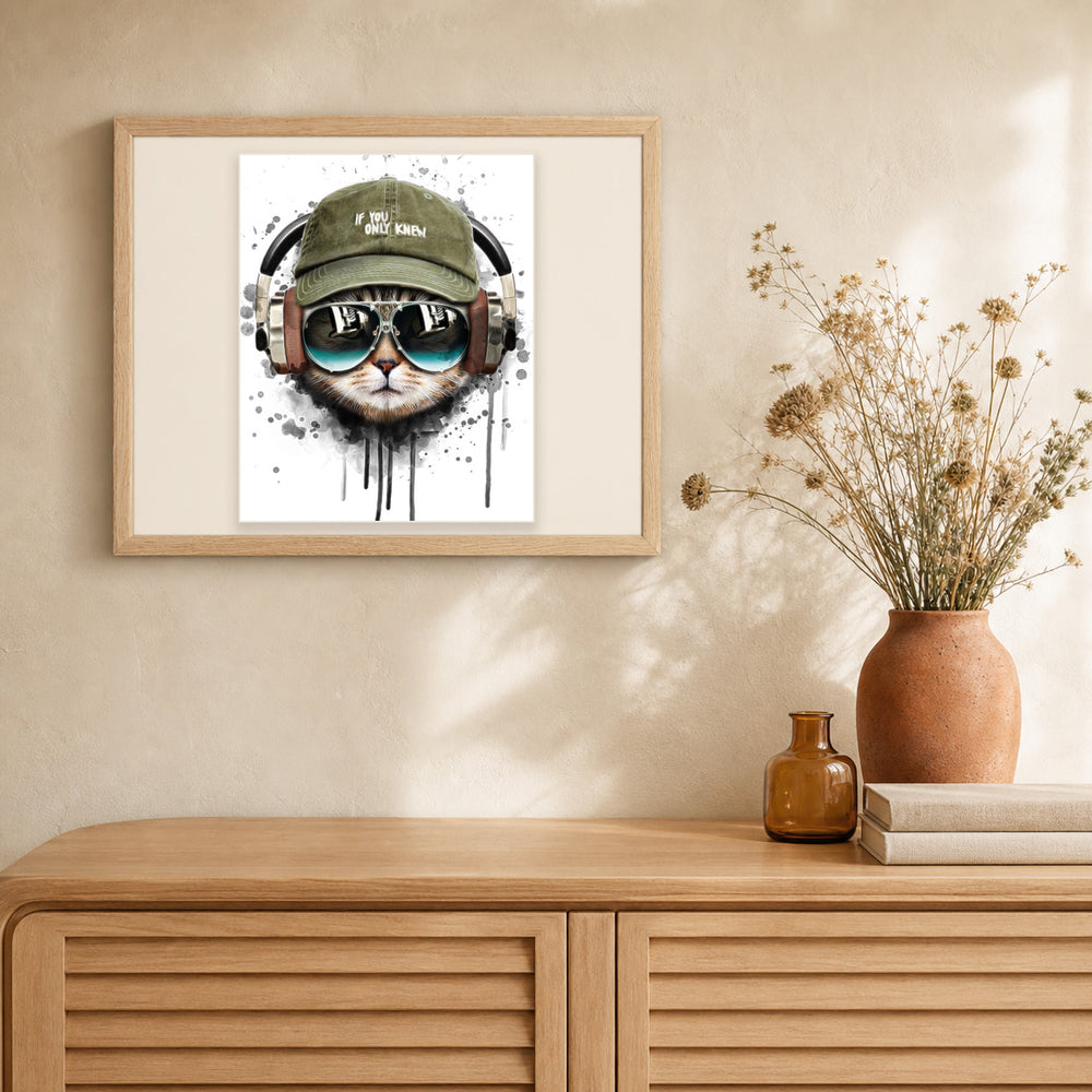 Cat keep cool artwork displayed in a warm interior
