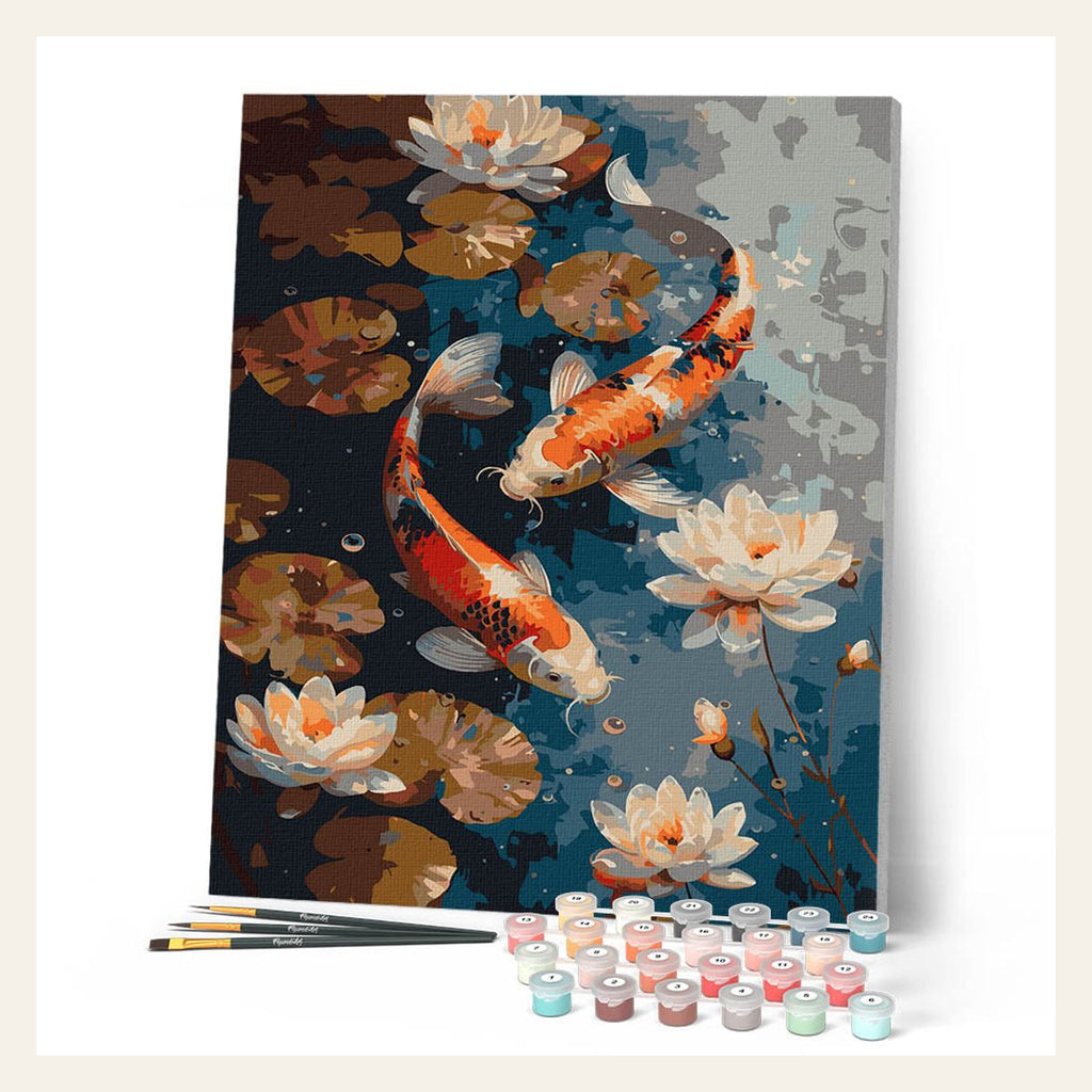 Vintage Koi Carps and Flowers finished paint by numbers artwork