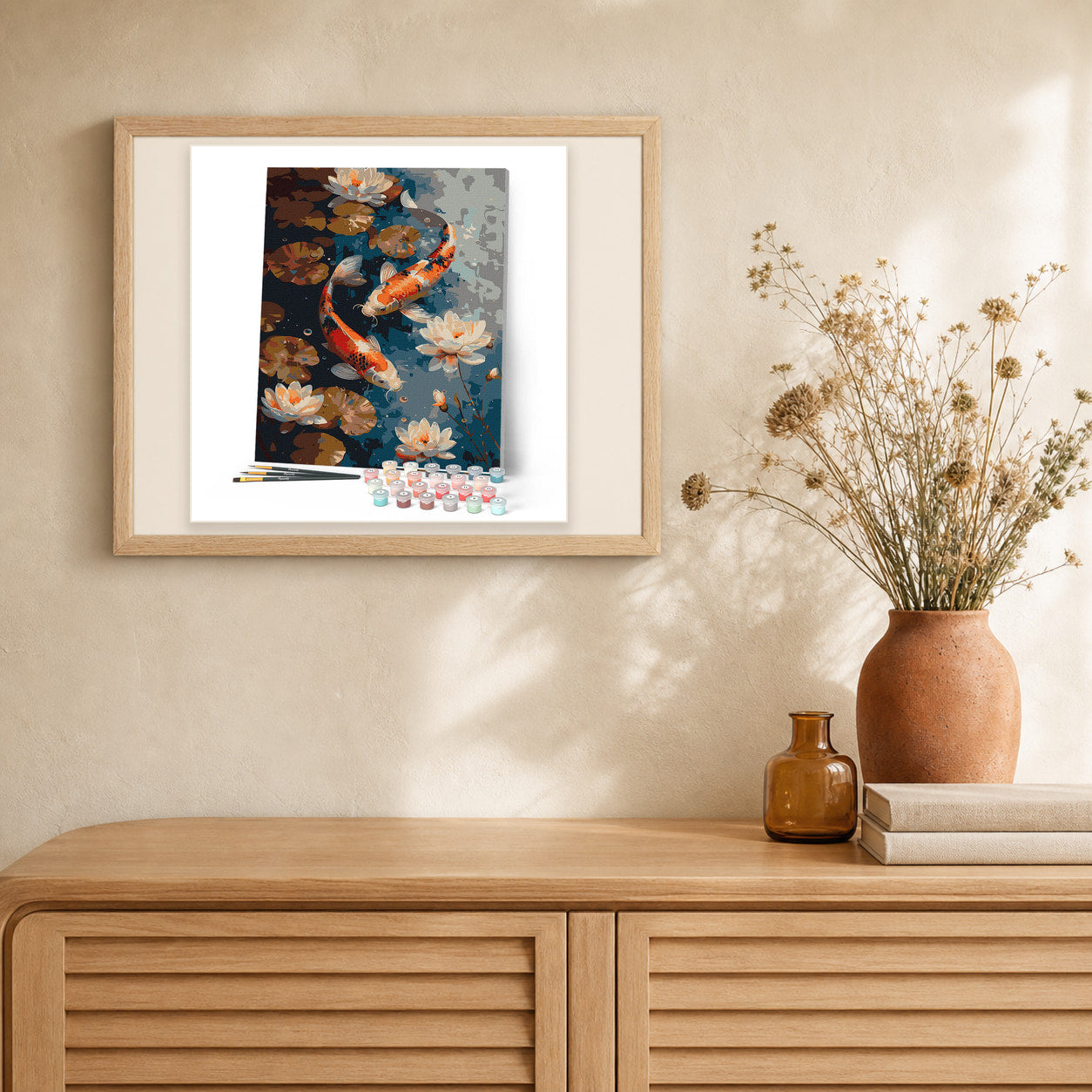 Vintage Koi Carps and Flowers artwork displayed in a warm interior