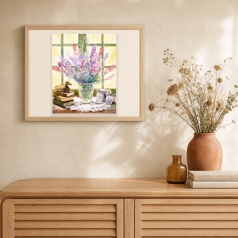 Lupine bouquet artwork displayed in a warm interior