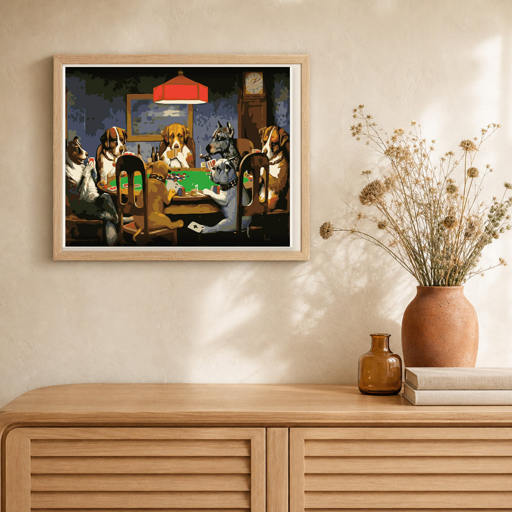 Dogs playing Poker artwork displayed in a warm interior