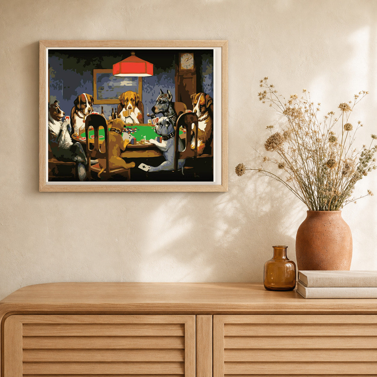 Dogs playing Poker artwork displayed in a warm interior