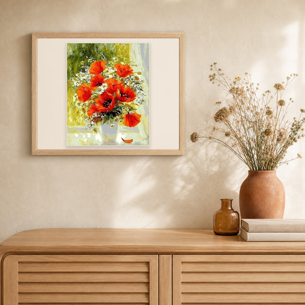 Red Flowers and Daisies artwork displayed in a warm interior