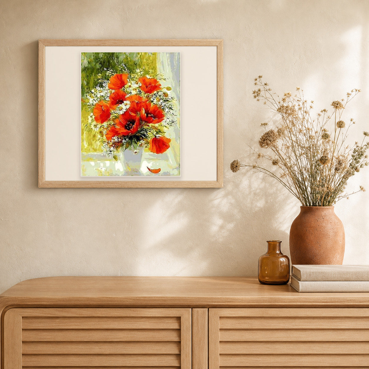 Red Flowers and Daisies artwork displayed in a warm interior