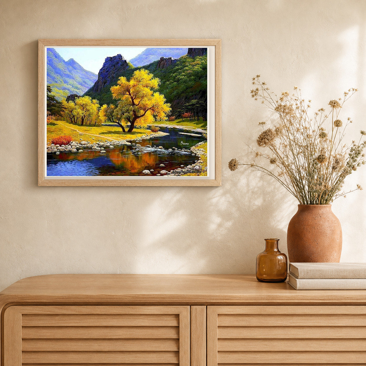 Peaceful River in the mountain artwork displayed in a warm interior