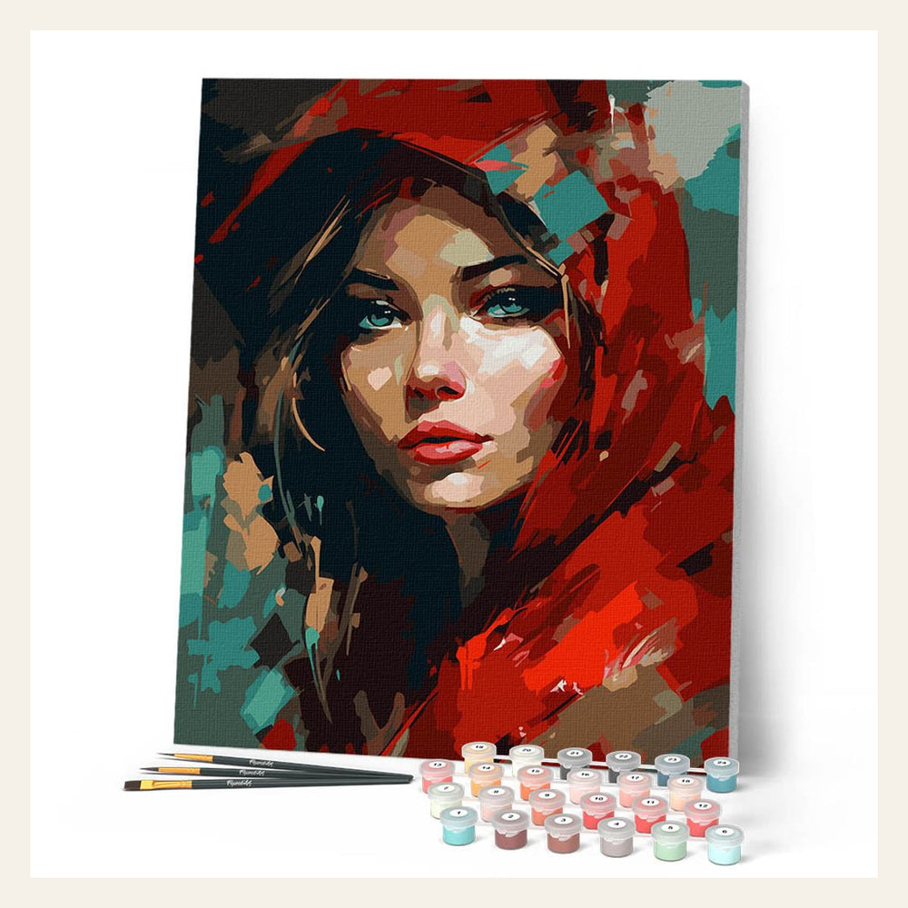 Woman in Red Scarf finished paint by numbers artwork