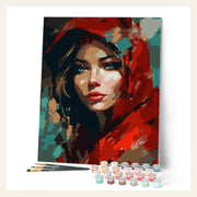 Woman in Red Scarf finished paint by numbers artwork